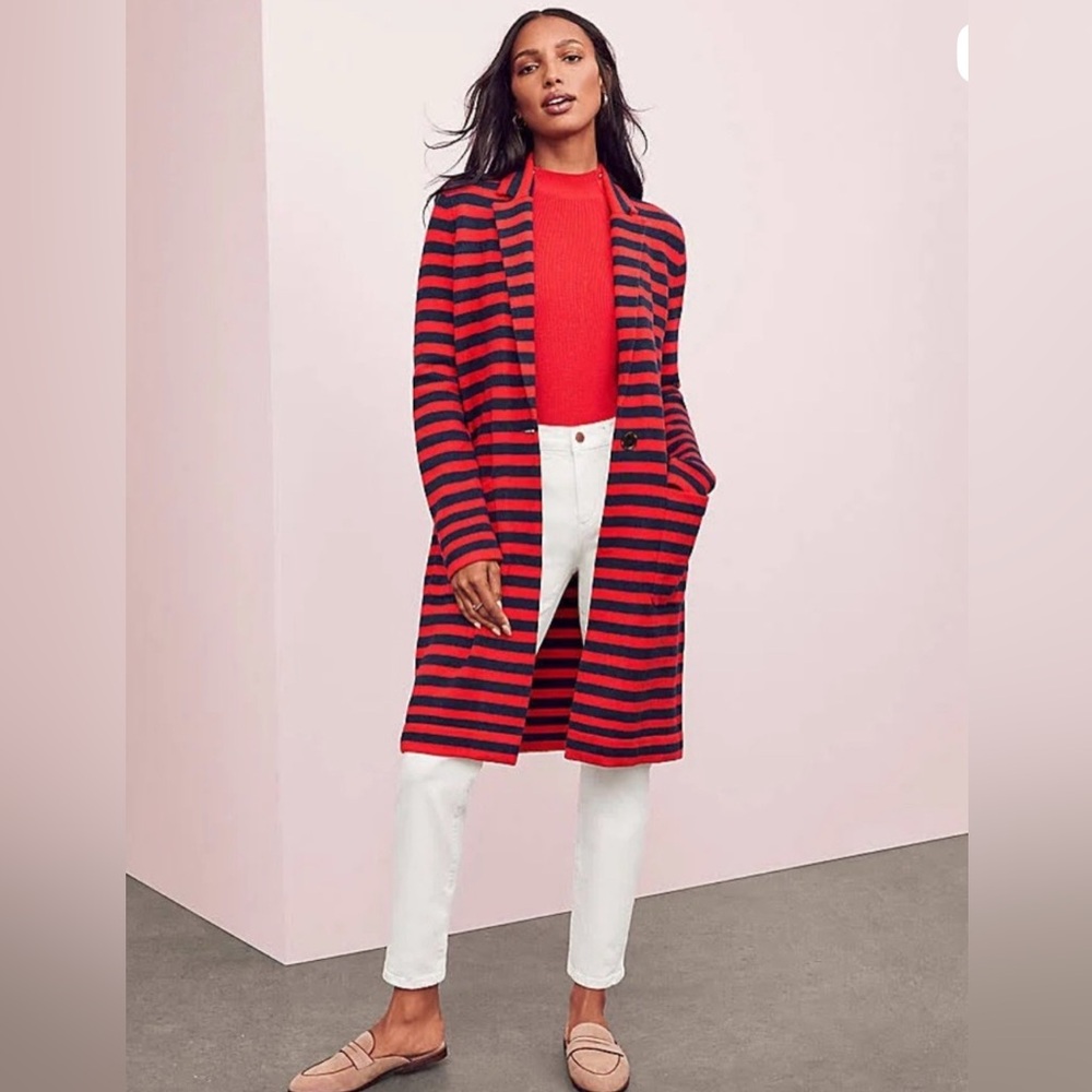 Ann Taylor Red and navy Striped long Cardigan